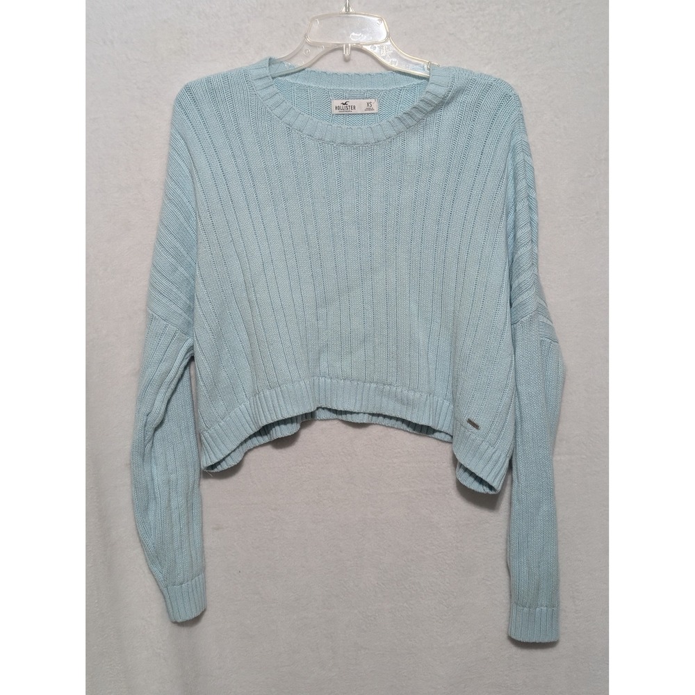 Hollister Womens XS Light Blue Ribbed Knit Cropped Pullover Sweater‎ Long Sleeve